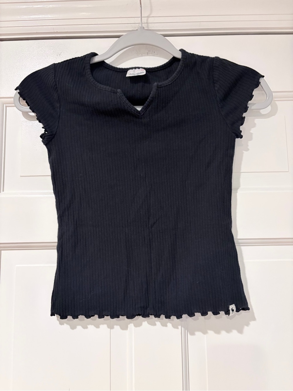 Black Ribbed Short Sleeve Notch Neck Top